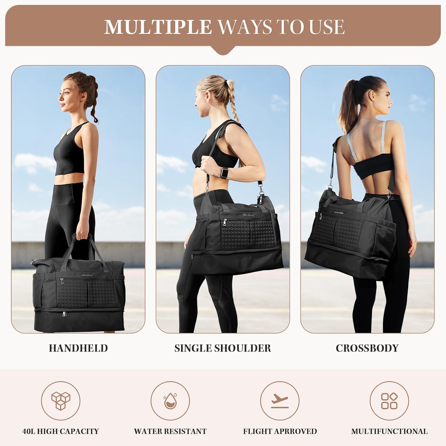 Maelstrom Gym Bag for Women,40L Travel Duffel Bag with Shoes Compartment and Wet Pocket,Waterproof Carry On Weekender Bag,Sport Gym Tote Bags Swimming Yoga, Hospital Holdalls-Black - Image 7