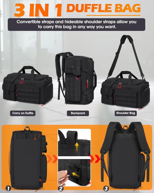 RAINSMORE Gym Bag for Men, 45L Sports Travel Duffel Bag with Shoe & Laptop Compartment, Gym Workout Backpack Carry On Weekender Bag Overnight Backpack for Travel, Black - Image 2