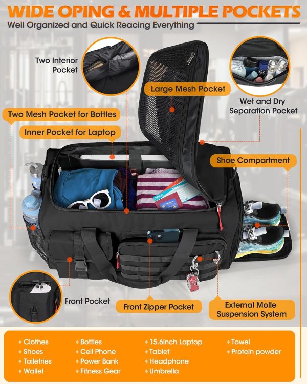 RAINSMORE Gym Bag for Men, 45L Sports Travel Duffel Bag with Shoe & Laptop Compartment, Gym Workout Backpack Carry On Weekender Bag Overnight Backpack for Travel, Black - Image 4