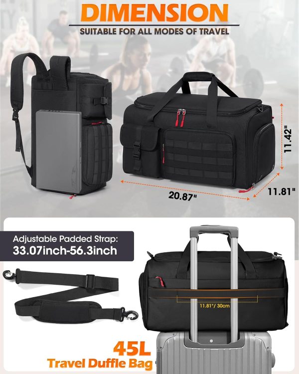 RAINSMORE Gym Bag for Men, 45L Sports Travel Duffel Bag with Shoe & Laptop Compartment, Gym Workout Backpack Carry On Weekender Bag Overnight Backpack for Travel, Black - Image 5